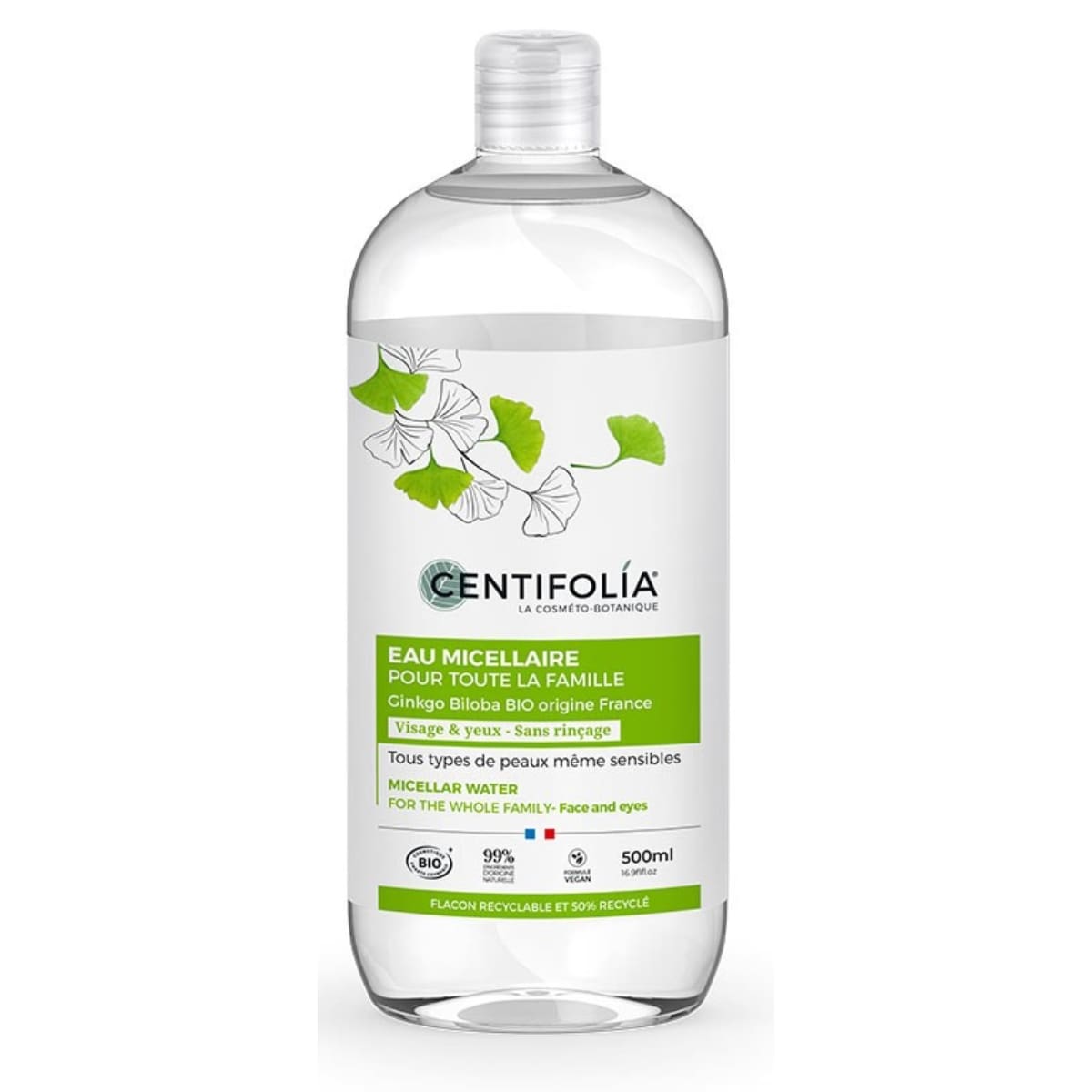 Un flacon d'eau micellaire de 500 ml de la marque Centifolia.