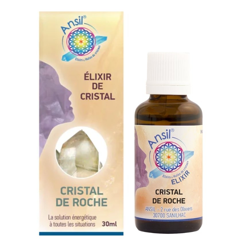 Un flacon d'Élixir de Cristal de Roche Ansil de 30ml avec son emballage