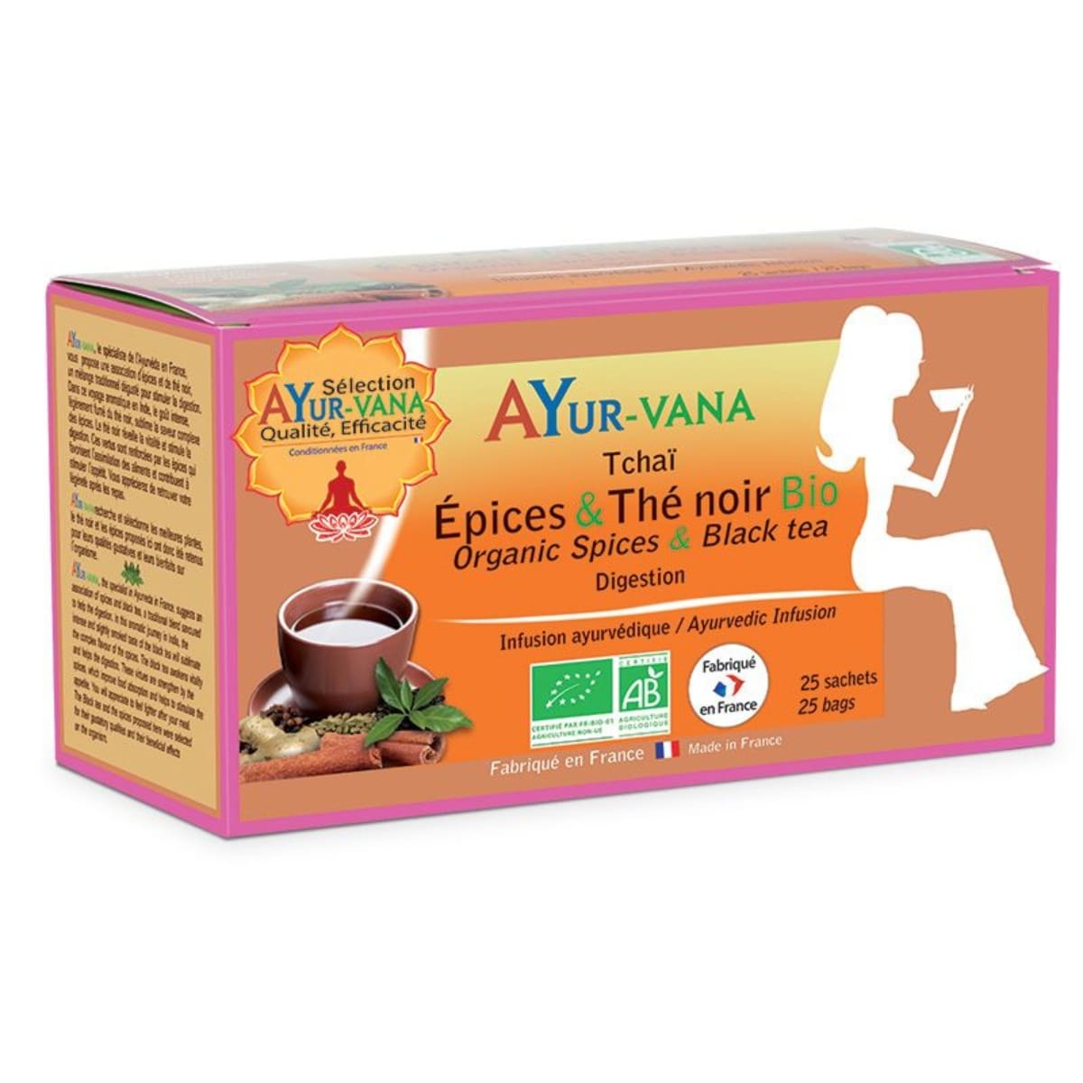 Boîte de 25 infusettes de Tchaï épices et thé noir bio de la marque ayur-vana