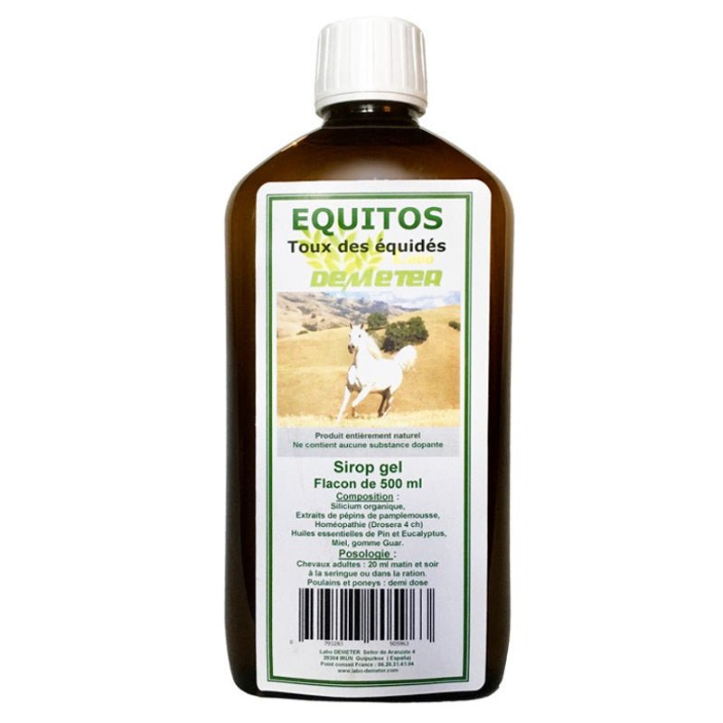 Un flacon de 500 ml de sirop gel Equitos pour lutter contre la Toux Cheval, de la marque Labo-Demeter