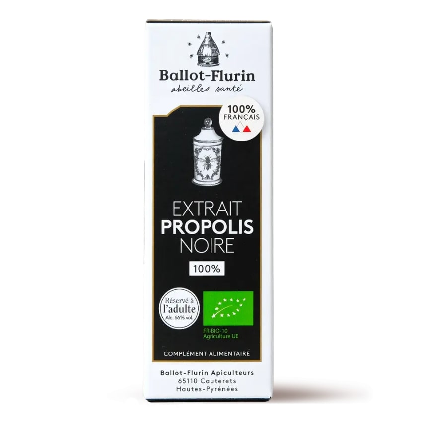 L'emballage dun Extrait de Propolis Noire Bio Française de 15 ml de Ballot-Flurin