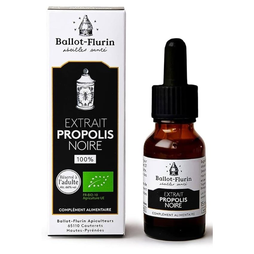 Extrait de Propolis Noire Bio Française - 15 ml - Ballot-Flurin, avec son emballage