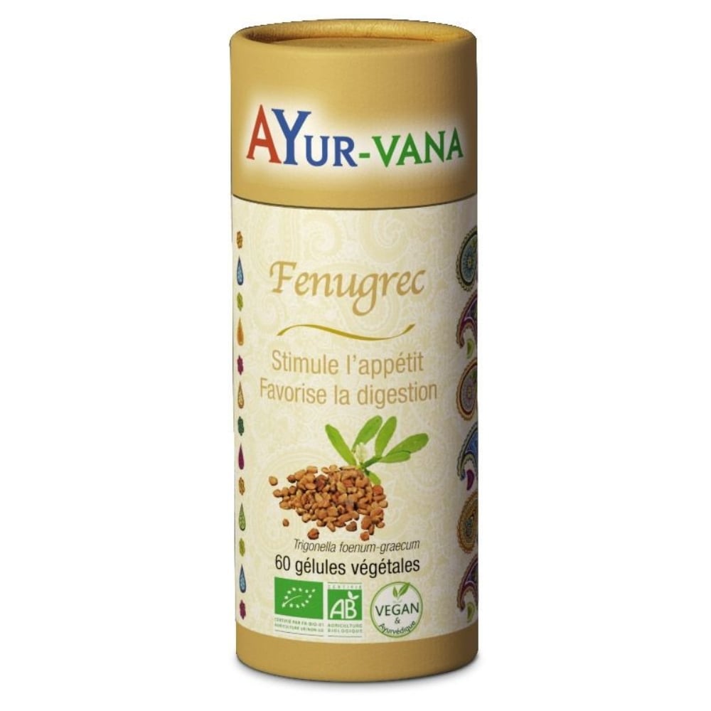 Une boite de 60 gélules Fenugrec Bio d'Ayur-Vana