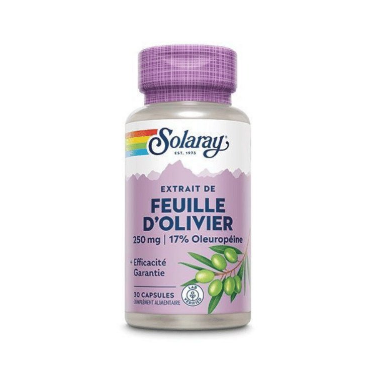 Boîte de 30 capsules de feuilles d'olivier 250mg de la marque Solaray