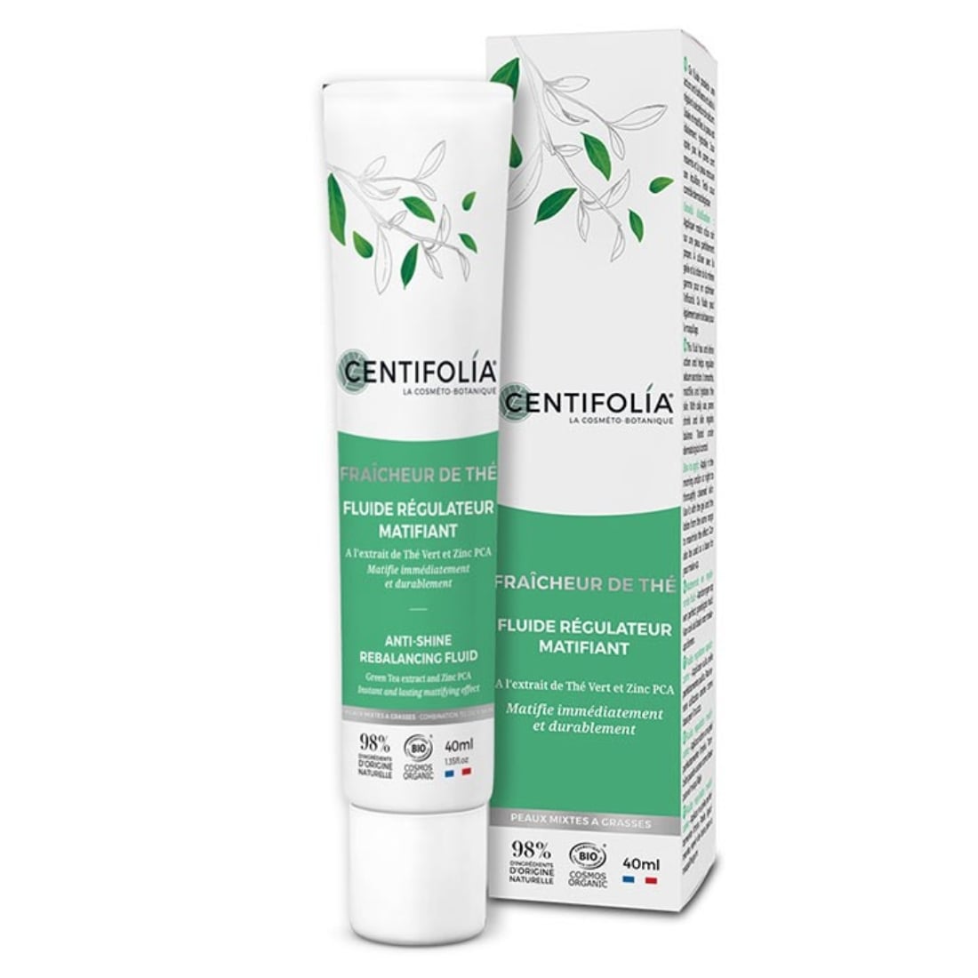 Un fluide régulateur matifiant de 40 ml de la marque Centifolia avec son emballage