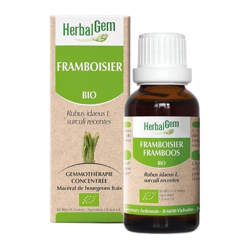 Un flacon d'extrait de bourgeons frais de framboisier 30 ml de la marque HerbalGem avec son emballage