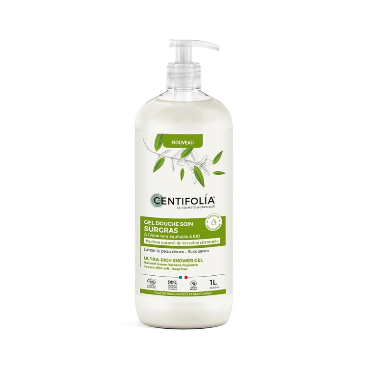 Un gel douche surgras à la verveine citronnée de 1L de la marque Centifolia