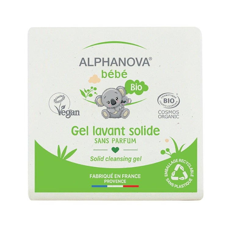 Un gel lavant solide de 100 g de la marque Alphanova, vue de face