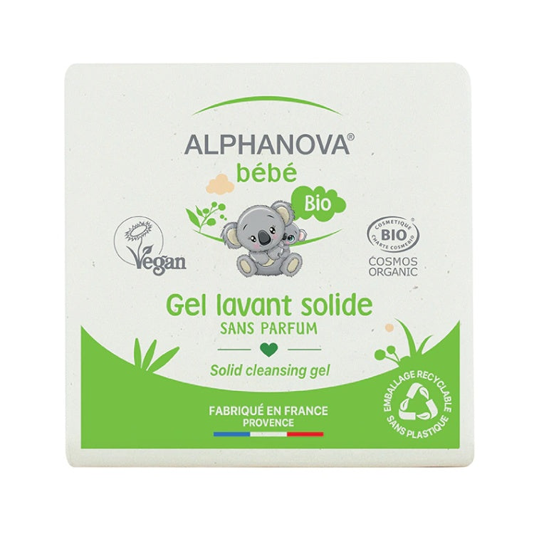 Un gel lavant solide de 100 g de la marque Alphanova, vue de face