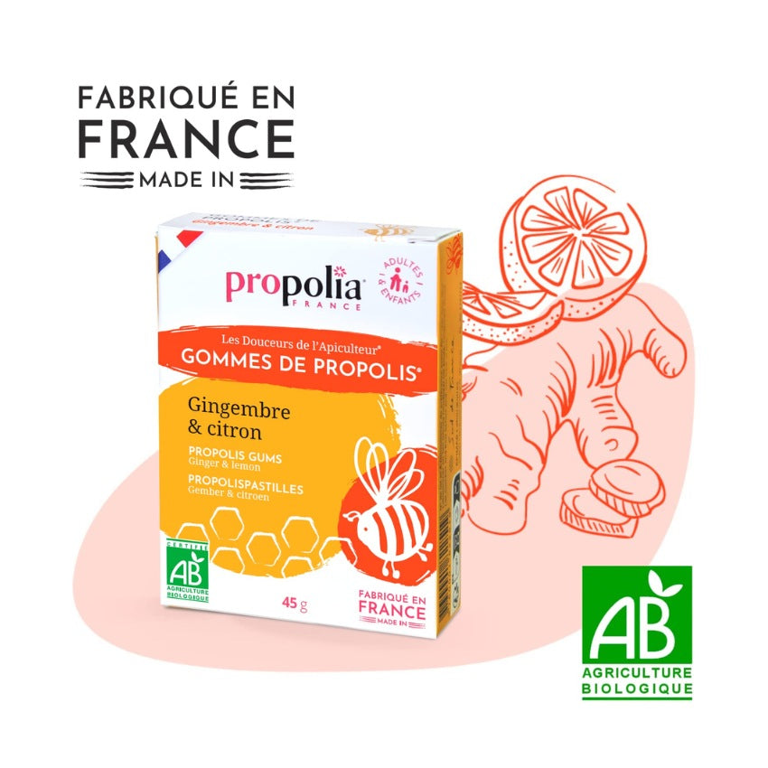 Un sachet de gommes Propolia de 45 g au gingembre et citron bio