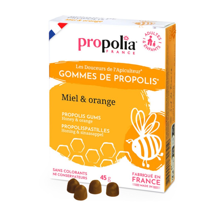 boîte de gommes de propolis au goût miel et orange de la marque propolia en 45 grammes