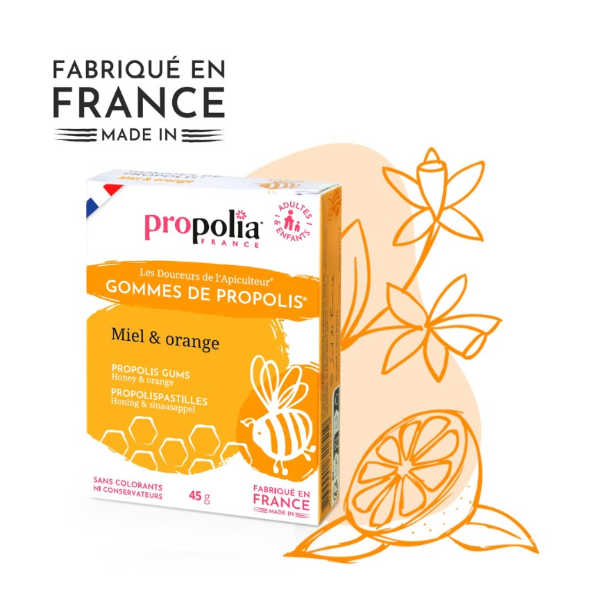 Une boîte de gommes de propolis au goût miel et orange de la marque propolia en 45 grammes