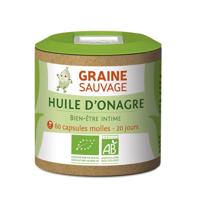 Une boîte de 60 gélules d'huile d'onagre de la marque graine sauvage