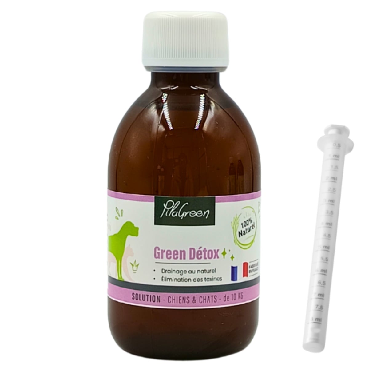 Flacon de 200ml de Green Detox de Pilagreen, complément naturel pour la détoxification du foie et des reins chez les chiens et chats.