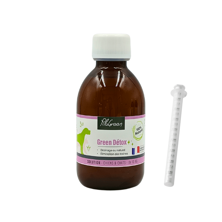 Flacon de 200ml de Green Detox de Pilagreen, complément naturel pour la détoxification du foie et des reins chez les chiens et chats.