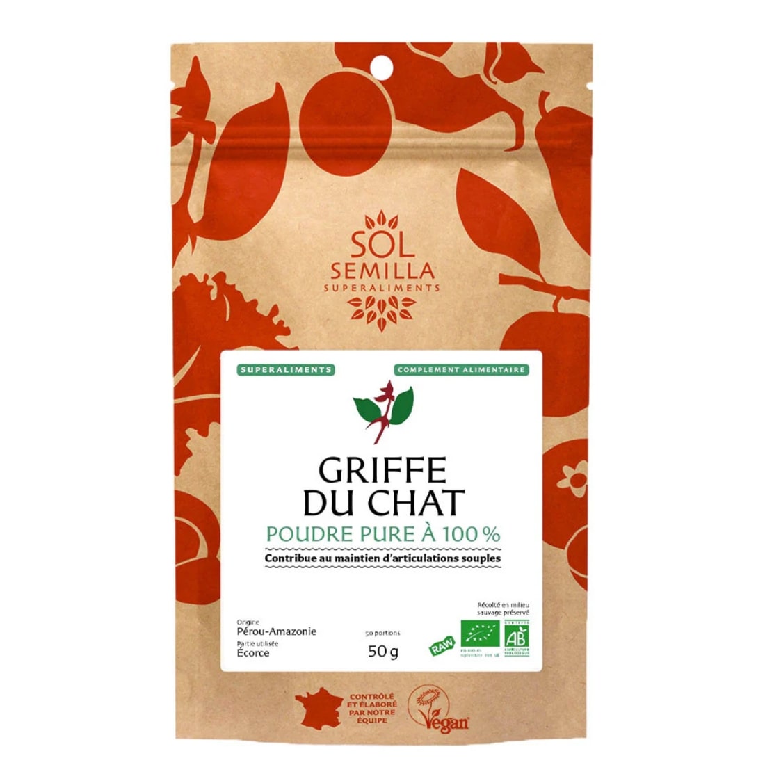 Un sachet hermétique de 50g de griffe du chat de la marque sol-semilla