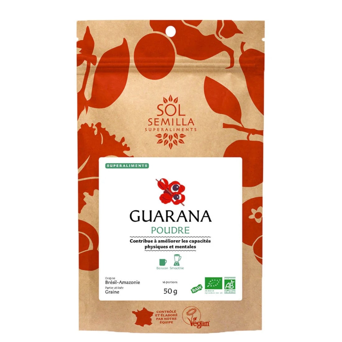 sachet hermétique de 50g de guarana bio en poudre de la marque sol-semilla