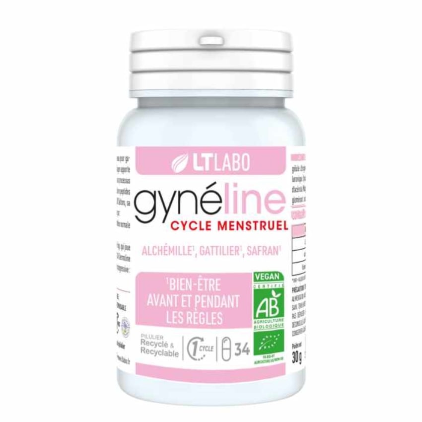 Une boite de Gyneline Cycle Menstruel de 34 gélules de la marque LT Labo.