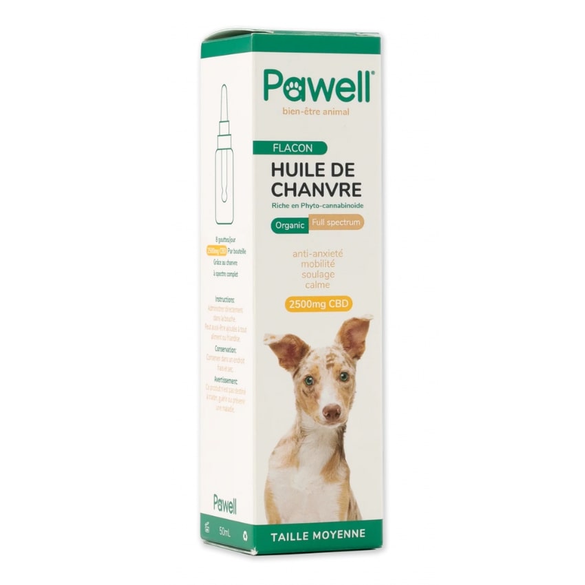 Une huile de chanvre 5% CBD pour chien moyen de 10 ml de la marque Pawell
