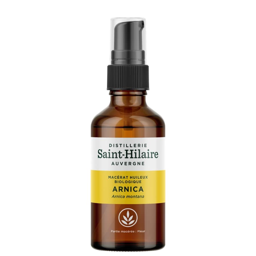 Un flacon de 50ml d'huile végétale d'arnica bio de la distillerie Saint-Hilaire.