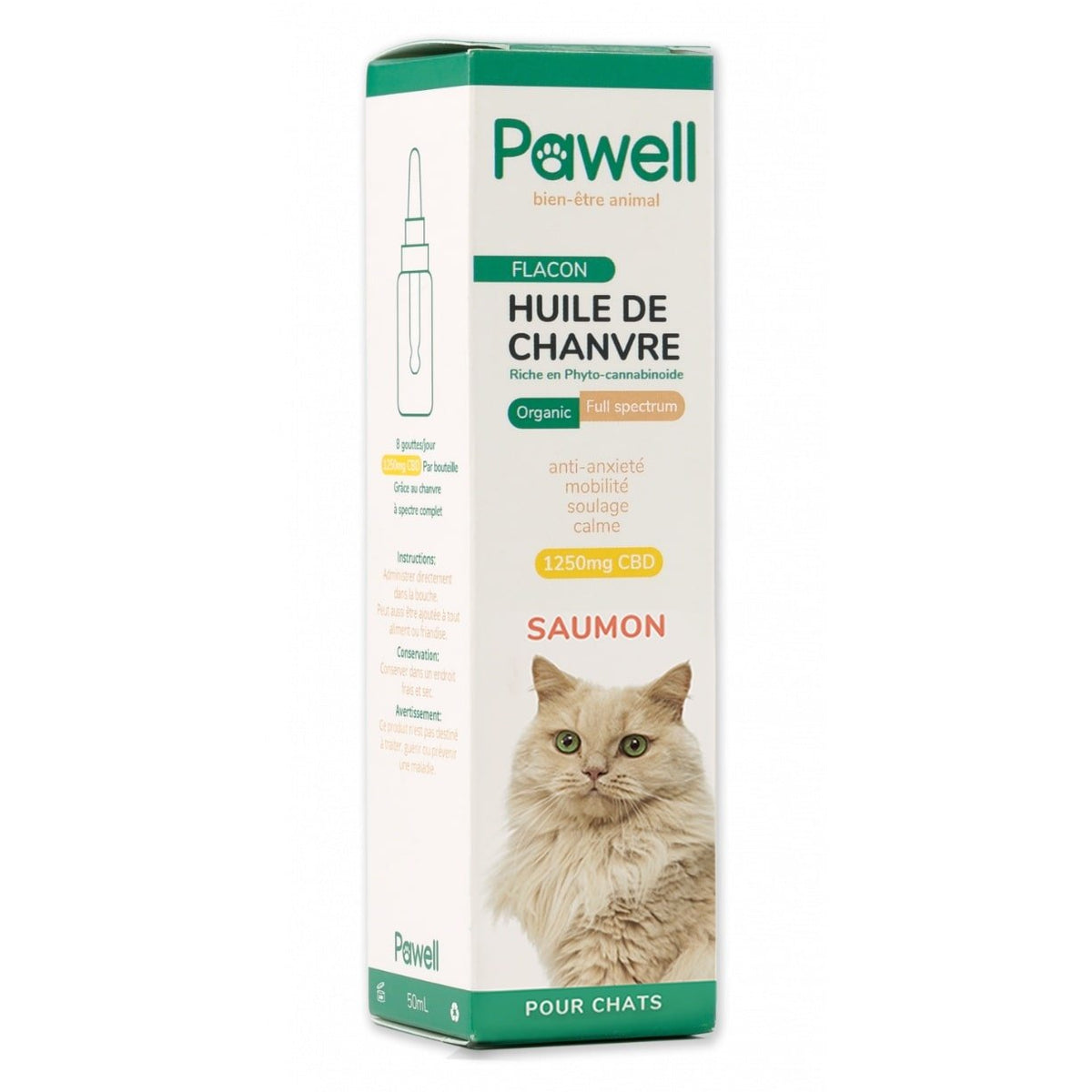 Huile Chanvre Pour Chat 2,5% Petit & Grand Chat, Goût Saumon - 10ml - Pawell