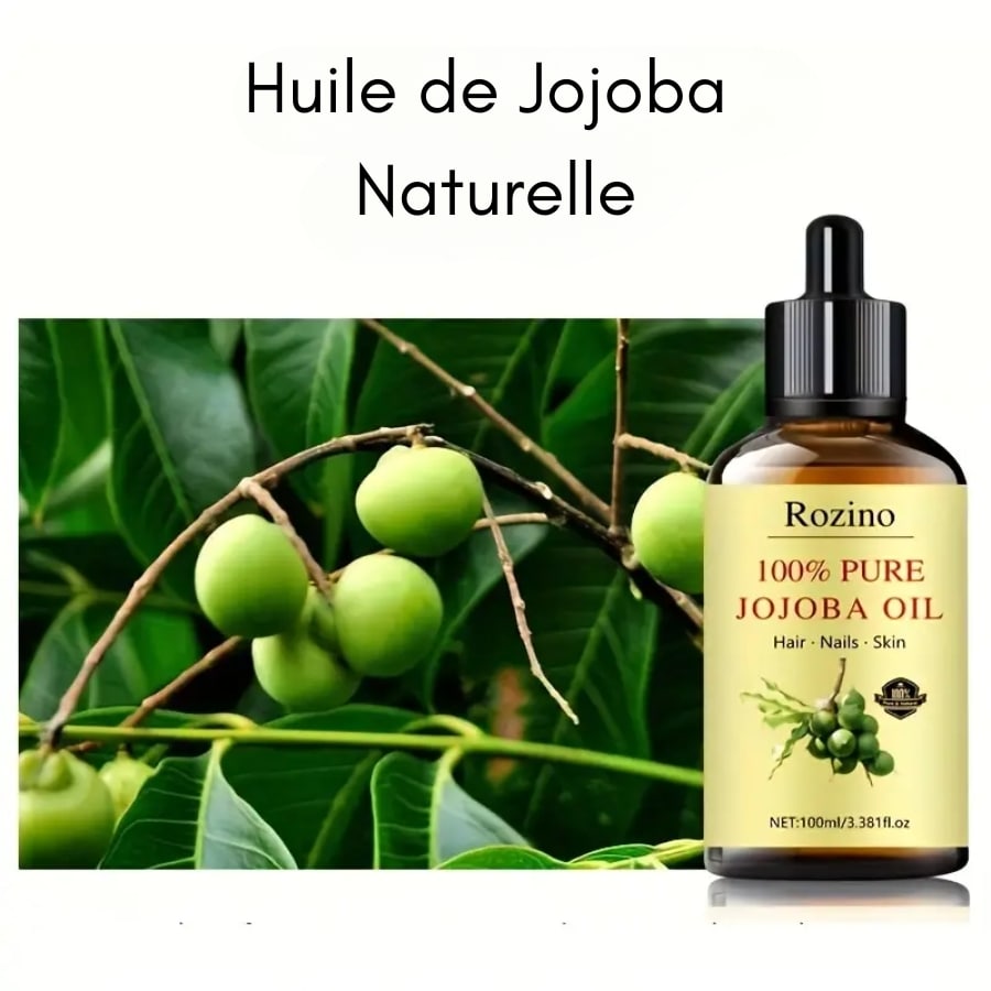 Un flacon d'huile de jojoba 100ml de Rozino illustré devant un jojoba (arbre)