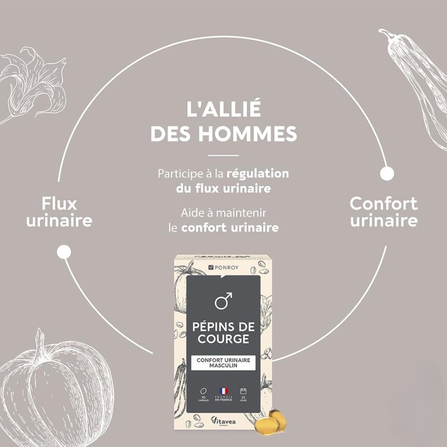 Les bienfaits du complément d'huile de pépins de courge bio, 60 capsules, de la marque Yves Ponroy.