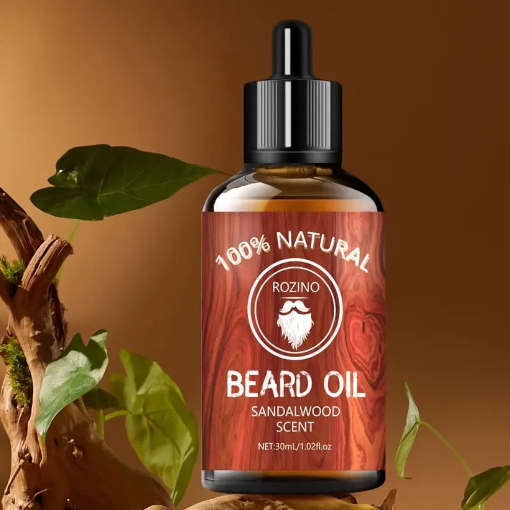 Un flacon d'huile de soin pour barbe de 30 ml au bois de santal.