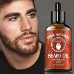 Photo d'un homme barbu posant à côté d'Un flacon d'huile de soin pour barbe de 30 ml au bois de santal.