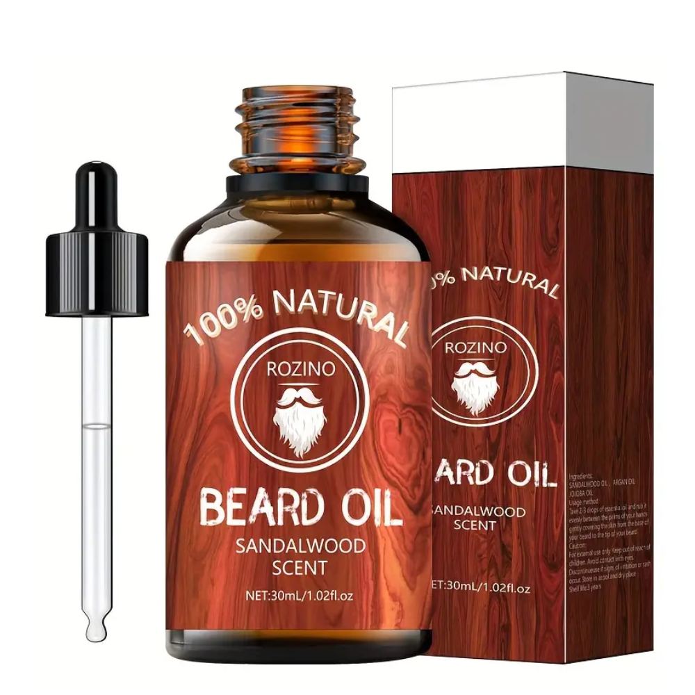 Un flacon d'huile de soin pour barbe de 30 ml au bois de santal.