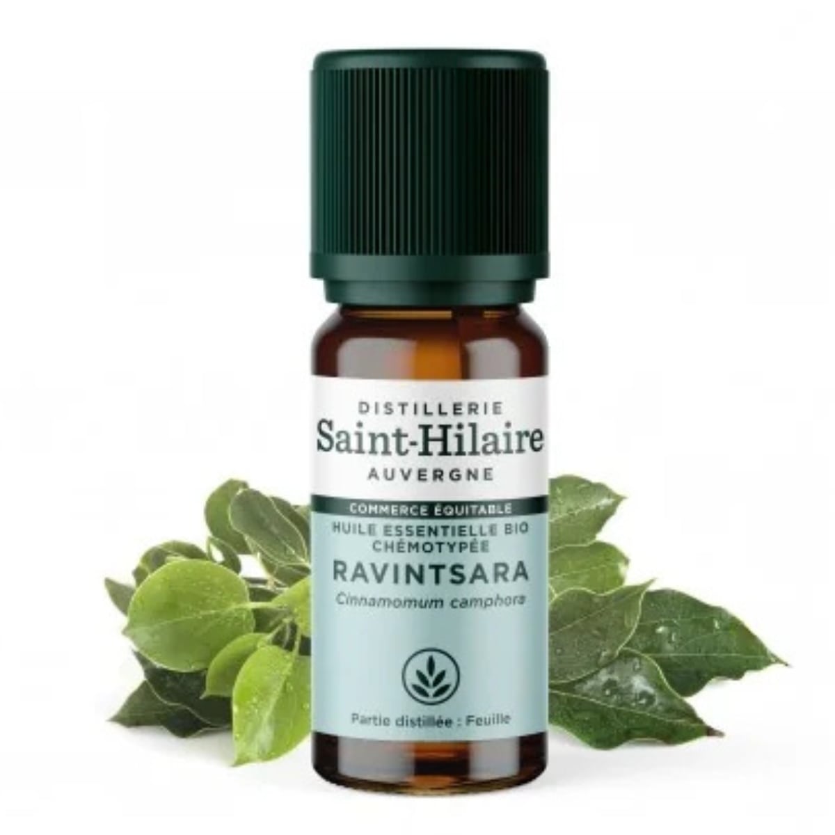 Un flacon de 10 ml d'huile essentielle de ravintsara bio avec des feuilles de la marque saint hilaire