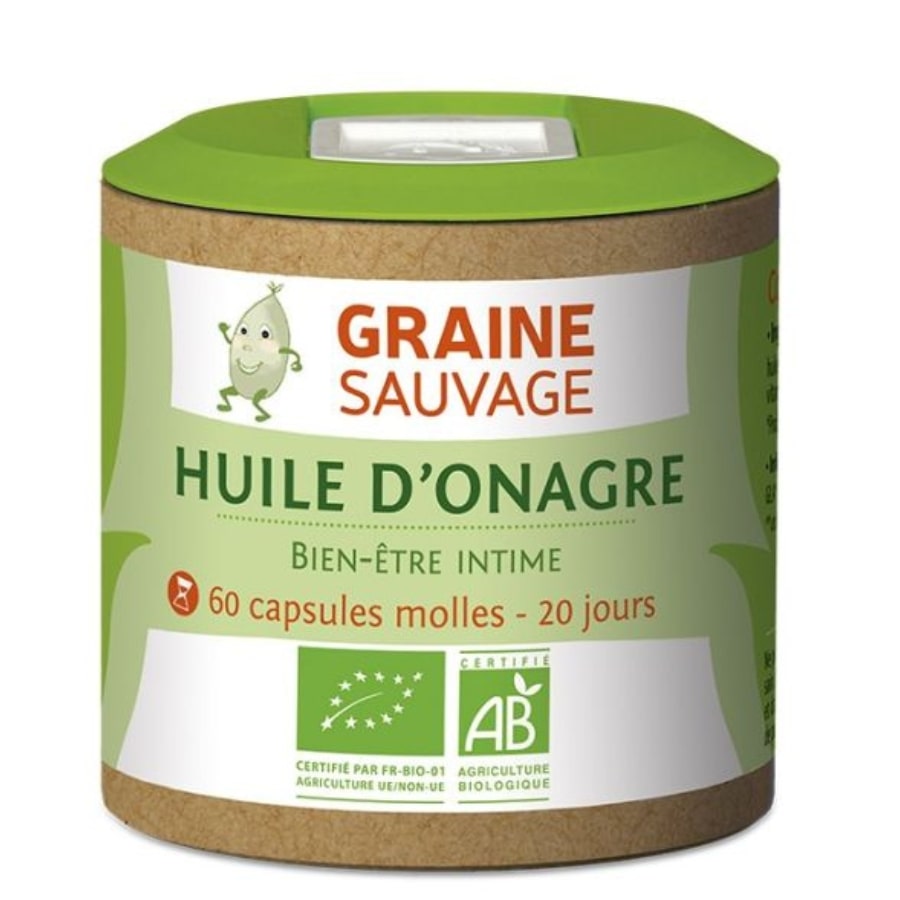 Une boîte de 60 gélules d'huile d'onagre bio de la marque Graine Sauvage 