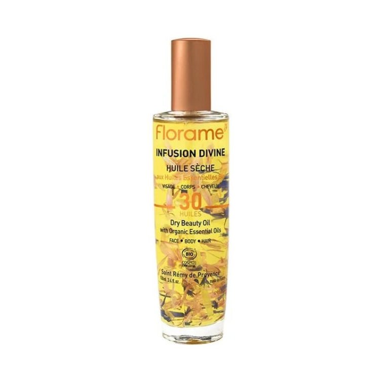 Un Flacon de 100 ml d'Huile Sèche Infusion Divine Bio de Florame, un soin naturel pour hydrater et nourrir la peau