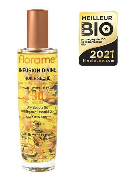 Un Flacon de 100 ml d'Huile Sèche Infusion Divine Bio de Florame, un soin naturel pour hydrater et nourrir la peau