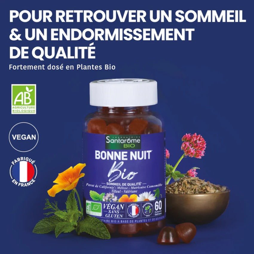 Les bienfaits du complément Bonne Nuit Bio de 60 gummies de la marque Santarome