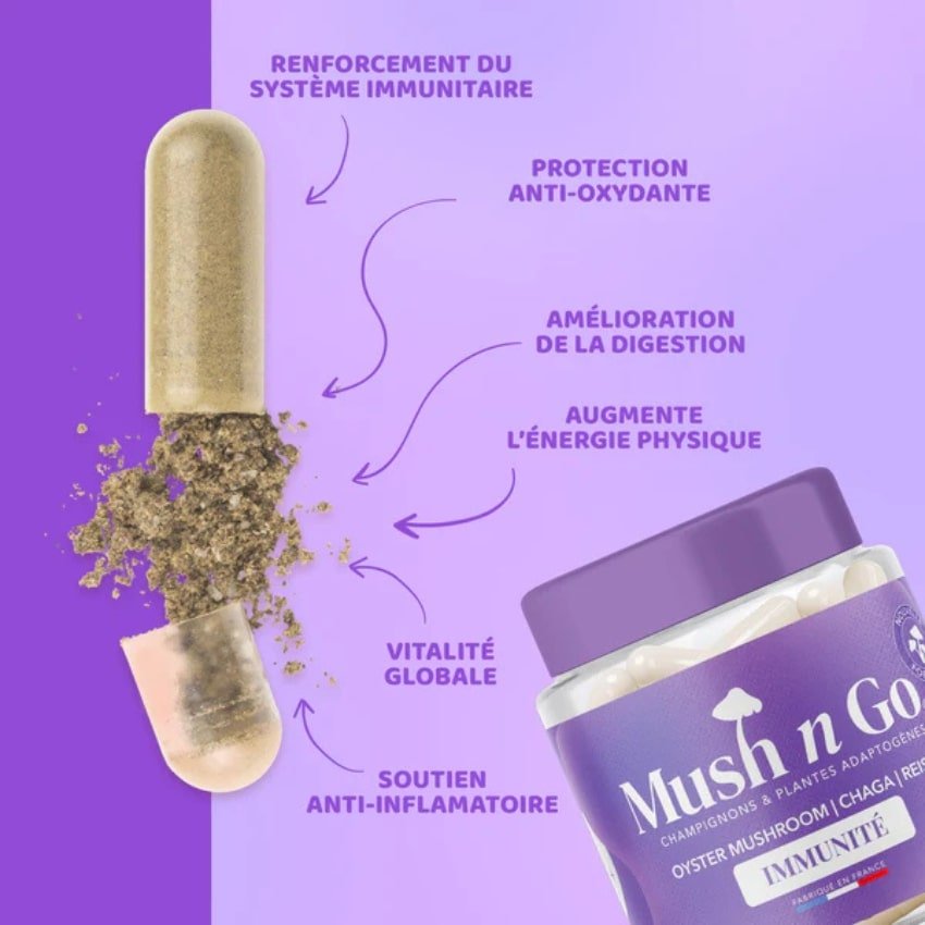 Une capsule de Immunité de la marque Mush n go détaillants les caractéristiques du produit