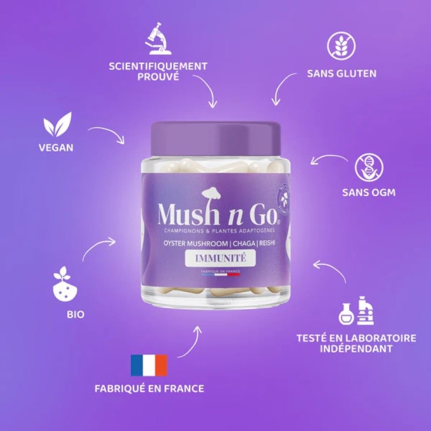 Une boîte de Immunité de la marque Mush n go avec détaillant les avantages du produit