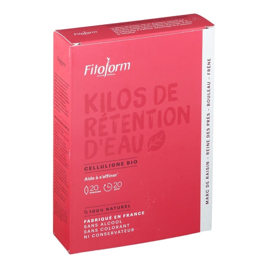 Une boite de 20 ampoules de 10 ml de Kilos de Rétention d'Eau Celluligne Bio de la marque Fitoform, vue de face