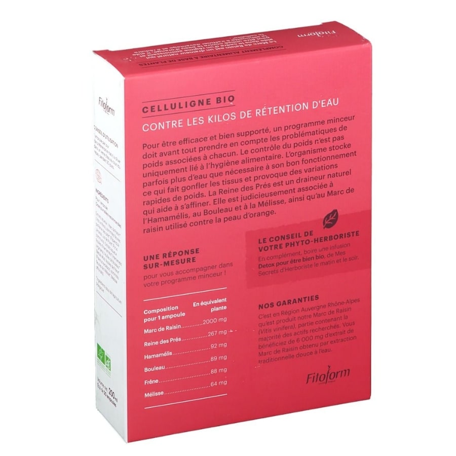 Une boite de 20 ampoules de 10 ml de Kilos de Rétention d'Eau Celluligne Bio de la marque Fitoform, vue de dos