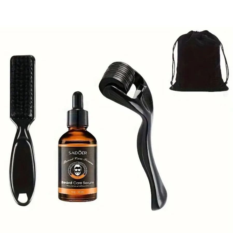 Composition du kit à barbe avec une brosse, une huile, un roller à barbe et un pochon de rangement