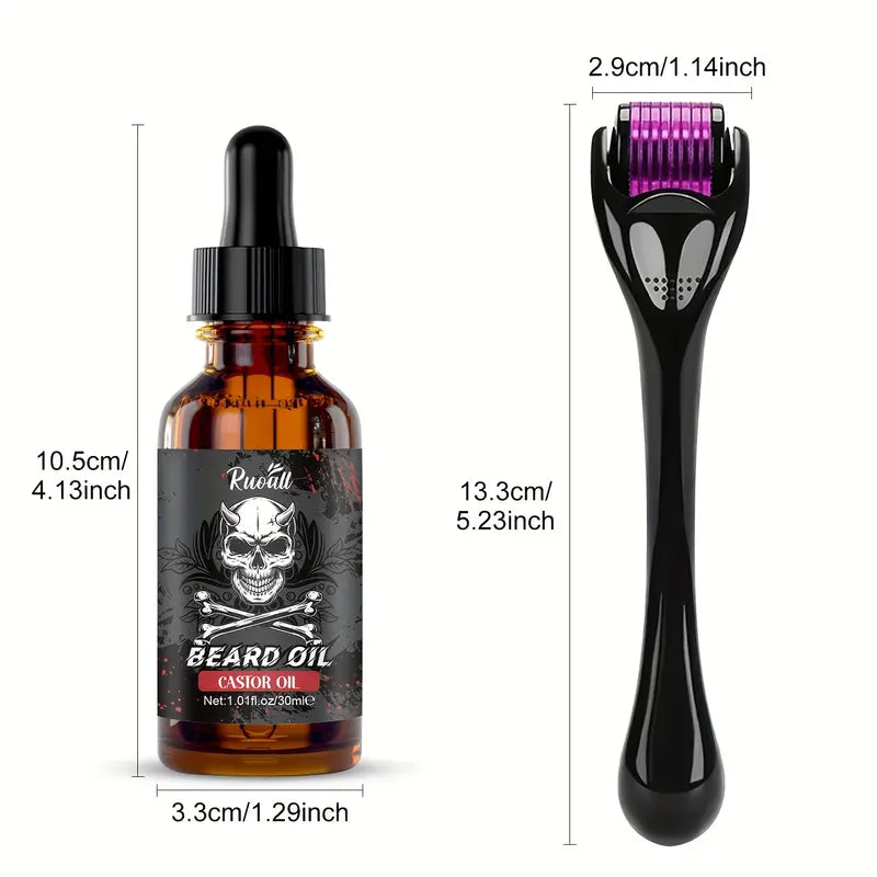 Les dimensions des articles contenus dans le kit comprenant un Beard Roller et une huile de Ricin de 30 ml