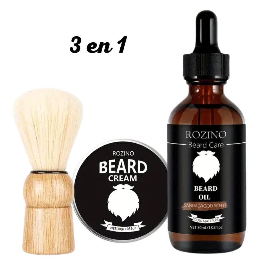 Un Kit de Soin Barbe 3 en 1 au bois de santal avec une Huile, un Baume hydratant et un Blaireau