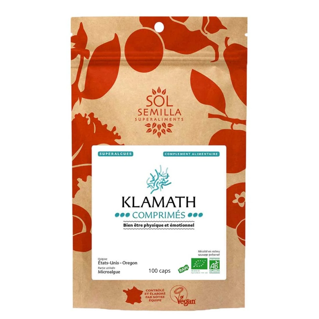 Un Sachet hermétique de 100 comprimés de klamath bio de la marque sol semilla