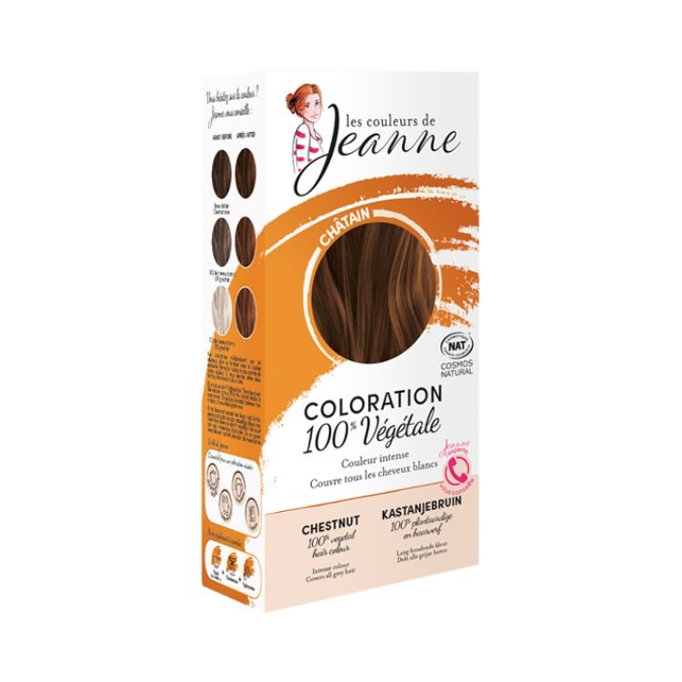 Boîte de Coloration Châtain 100% Végétale Les Couleurs de Jeanne, en 2 x 50g, pour une couleur naturelle et respectueuse des cheveux.