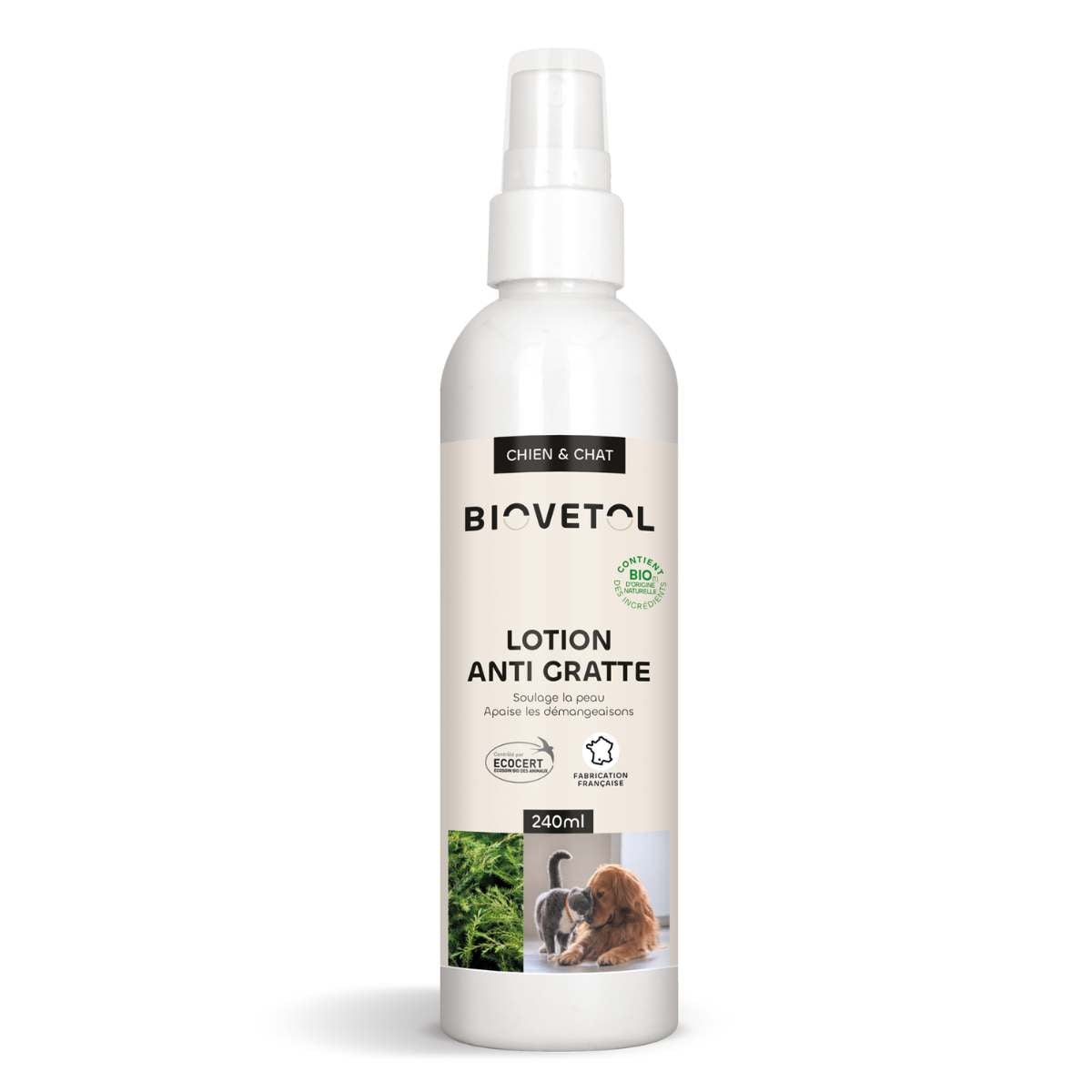 Un flacon spray de lotion anti gratte pour chien et chat de la marque Biovetol