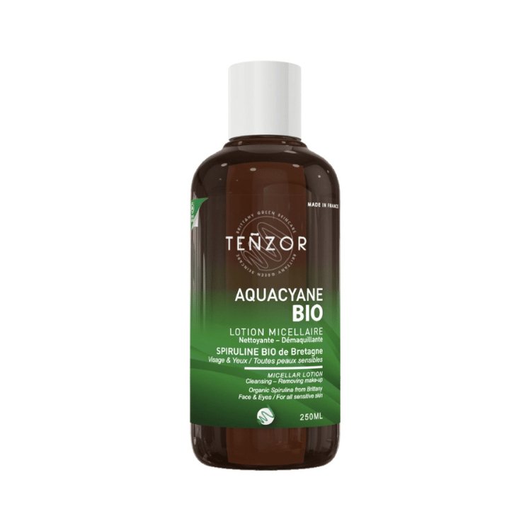 Flacon de 250ml de lotion micellaire aquacyane bio de la marque tenzor