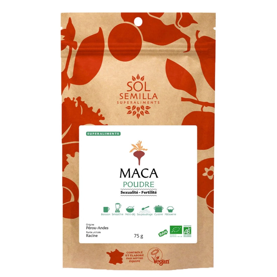 Un sachet hermétique de 75g de maca en poudre bio de la marque sol-semilla