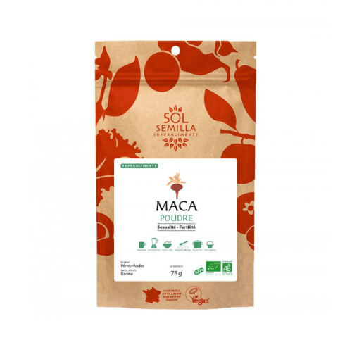 sachet hermétique de 75g de maca en poudre bio de la marque sol-semilla