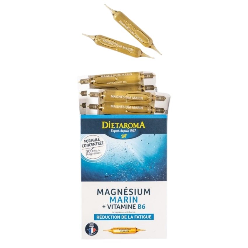 Une boite ouverte de 20 Ampoules de 10 ml de Magnésium Marin + Vitamine B6 de Dietaroma