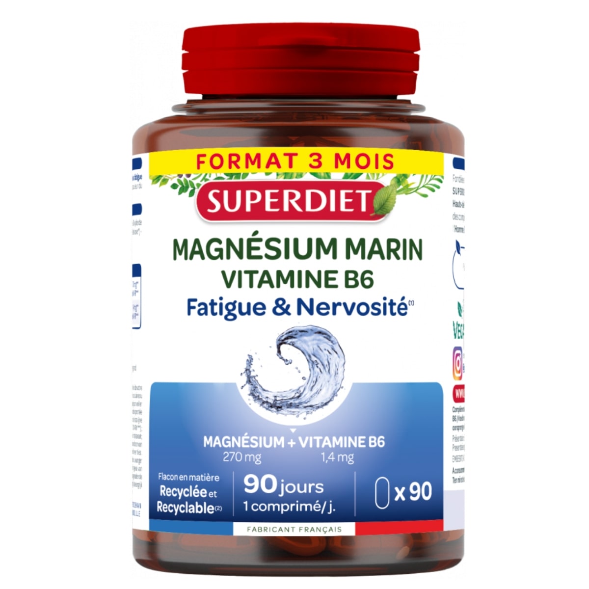 Une boîte de 90 gélules de magnésium marin et de vitamine B6 de la marque superdiet